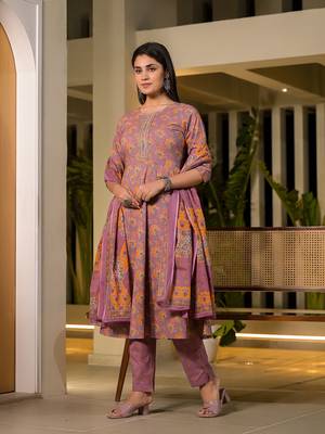  pink thread work cotton anarkali style kurta and trousers with dupatta set 2