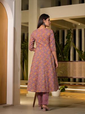  pink thread work cotton anarkali style kurta and trousers with dupatta set 3