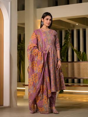  pink thread work cotton anarkali style kurta and trousers with dupatta set 5