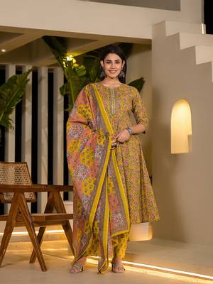  yellow thread work cotton anarkali style kurta and trousers with dupatta set 1