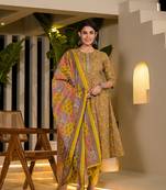  yellow thread work cotton anarkali style kurta and trousers with dupatta set
