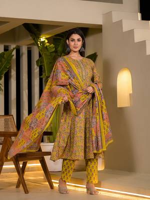  yellow thread work cotton anarkali style kurta and trousers with dupatta set 2