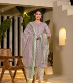  sea green leaf print cotton straight style kurta and trousers with dupatta