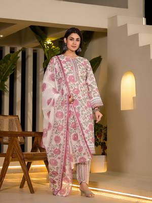  pink pure cotton floral print kurta with trousers and dupatta set 1