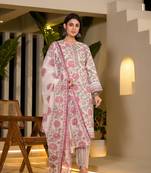  pink pure cotton floral print kurta with trousers and dupatta set