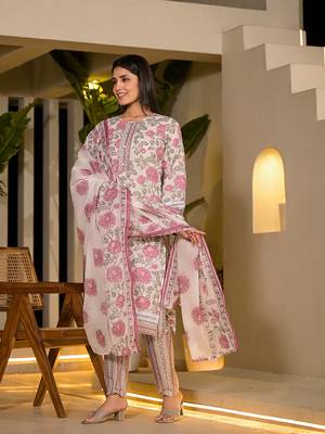  pink pure cotton floral print kurta with trousers and dupatta set 2