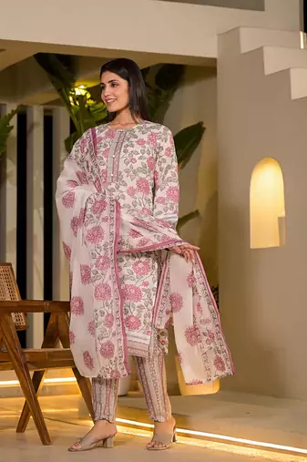  pink pure cotton floral print kurta with trousers and dupatta set