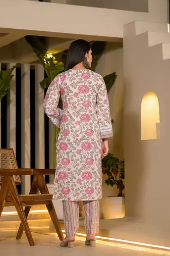  pink pure cotton floral print kurta with trousers and dupatta set