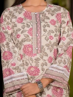  pink pure cotton floral print kurta with trousers and dupatta set 4