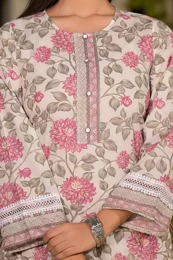  pink pure cotton floral print kurta with trousers and dupatta set