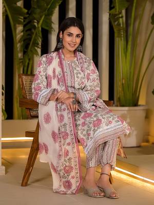  pink pure cotton floral print kurta with trousers and dupatta set 5