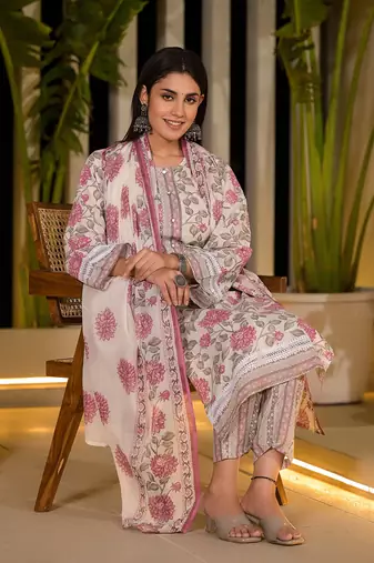  pink pure cotton floral print kurta with trousers and dupatta set