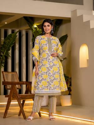  yellow pure cotton floral print kurta with trousers and dupatta set 1