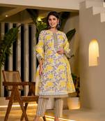  yellow pure cotton floral print kurta with trousers and dupatta set