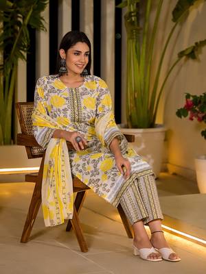  yellow pure cotton floral print kurta with trousers and dupatta set 2