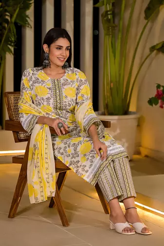  yellow pure cotton floral print kurta with trousers and dupatta set