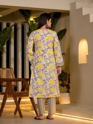  yellow pure cotton floral print kurta with trousers and dupatta set 3