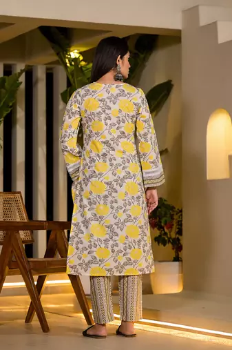 yellow pure cotton floral print kurta with trousers and dupatta set