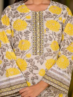  yellow pure cotton floral print kurta with trousers and dupatta set 4