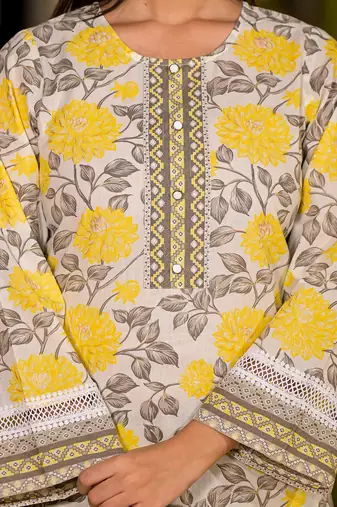  yellow pure cotton floral print kurta with trousers and dupatta set