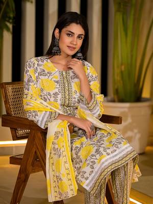  yellow pure cotton floral print kurta with trousers and dupatta set 5