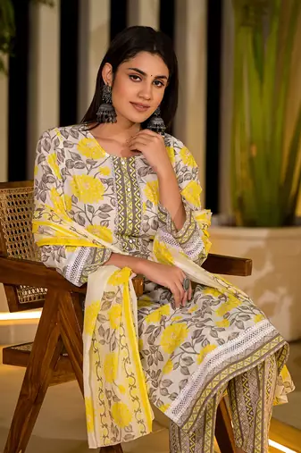  yellow pure cotton floral print kurta with trousers and dupatta set