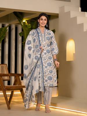  blue and off white floral print cotton straight style kurta and trousers with dupatta 1