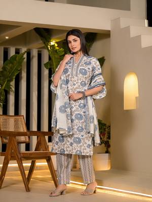  blue and off white floral print cotton straight style kurta and trousers with dupatta 2
