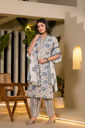  blue and off white floral print cotton straight style kurta and trousers with dupatta