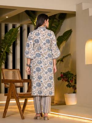  blue and off white floral print cotton straight style kurta and trousers with dupatta 3