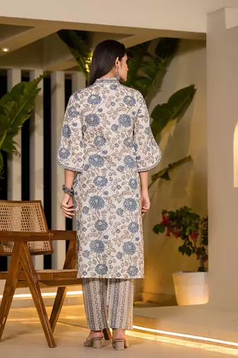  blue and off white floral print cotton straight style kurta and trousers with dupatta