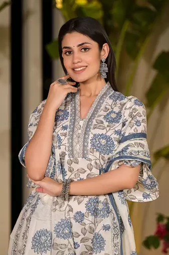  blue and off white floral print cotton straight style kurta and trousers with dupatta