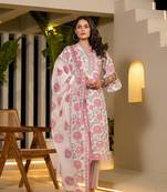  pink and off white floral print cotton straight style kurta and trousers with dupatta