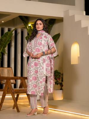  pink and off white floral print cotton straight style kurta and trousers with dupatta 2