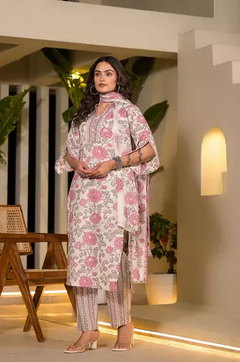  pink and off white floral print cotton straight style kurta and trousers with dupatta