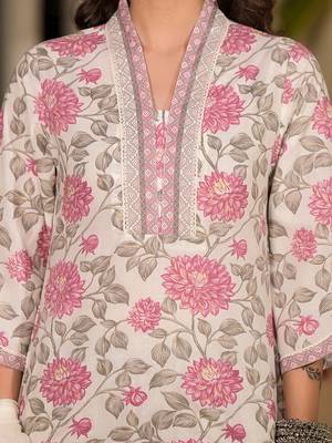  pink and off white floral print cotton straight style kurta and trousers with dupatta 4