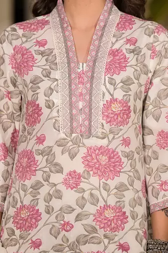 pink and off white floral print cotton straight style kurta and trousers with dupatta