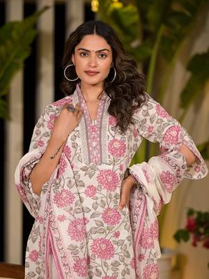  pink and off white floral print cotton straight style kurta and trousers with dupatta 5