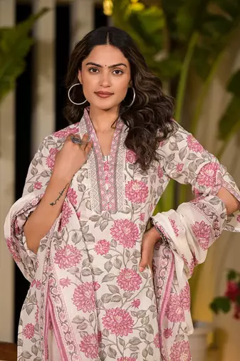  pink and off white floral print cotton straight style kurta and trousers with dupatta