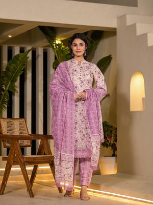  purple leaf print cotton pakistani style kurta with trousers with dupatta set 1