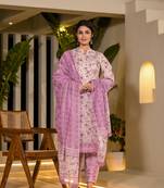  purple leaf print cotton pakistani style kurta with trousers with dupatta set