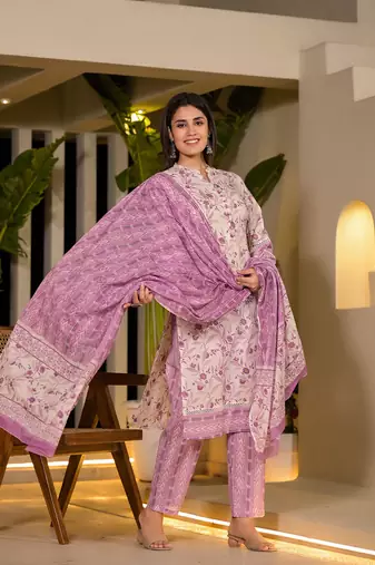 purple leaf print cotton pakistani style kurta with trousers with dupatta set