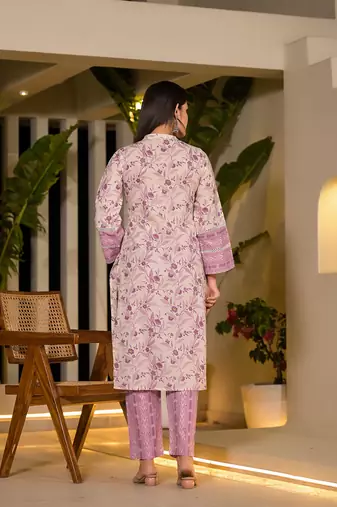  purple leaf print cotton pakistani style kurta with trousers with dupatta set