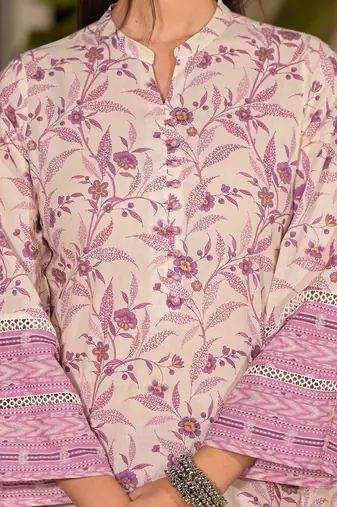  purple leaf print cotton pakistani style kurta with trousers with dupatta set