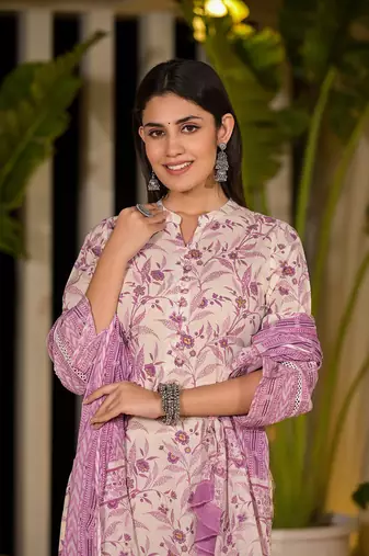  purple leaf print cotton pakistani style kurta with trousers with dupatta set