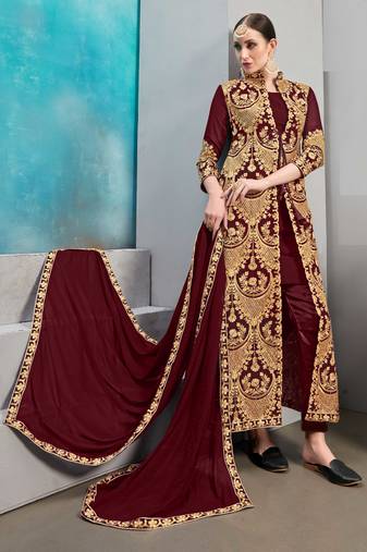 Maroon Embroidered Georgette Semi Stitched Straight Suit Up To 42" Size