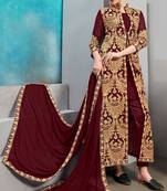 Maroon Embroidered Georgette Semi Stitched Straight Suit Up To 42" Size