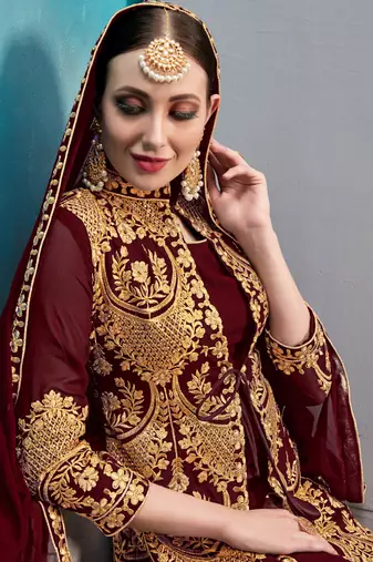 Maroon Embroidered Georgette Semi Stitched Straight Suit Up To 42" Size