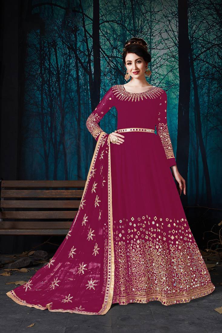 Purple Embroidered Georgette Semi Stitched Anarkali Suit Up To 42" Size