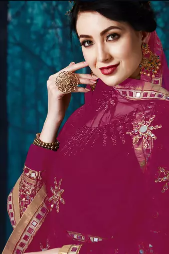 Purple Embroidered Georgette Semi Stitched Anarkali Suit Up To 42" Size